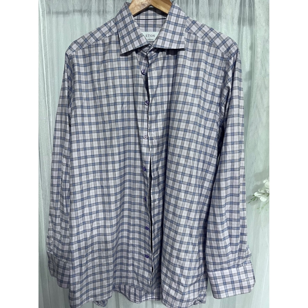 Eton Contemporary Fit Plaid Dress Shirt Blue Purple White Mens 17.5 44 L/XL